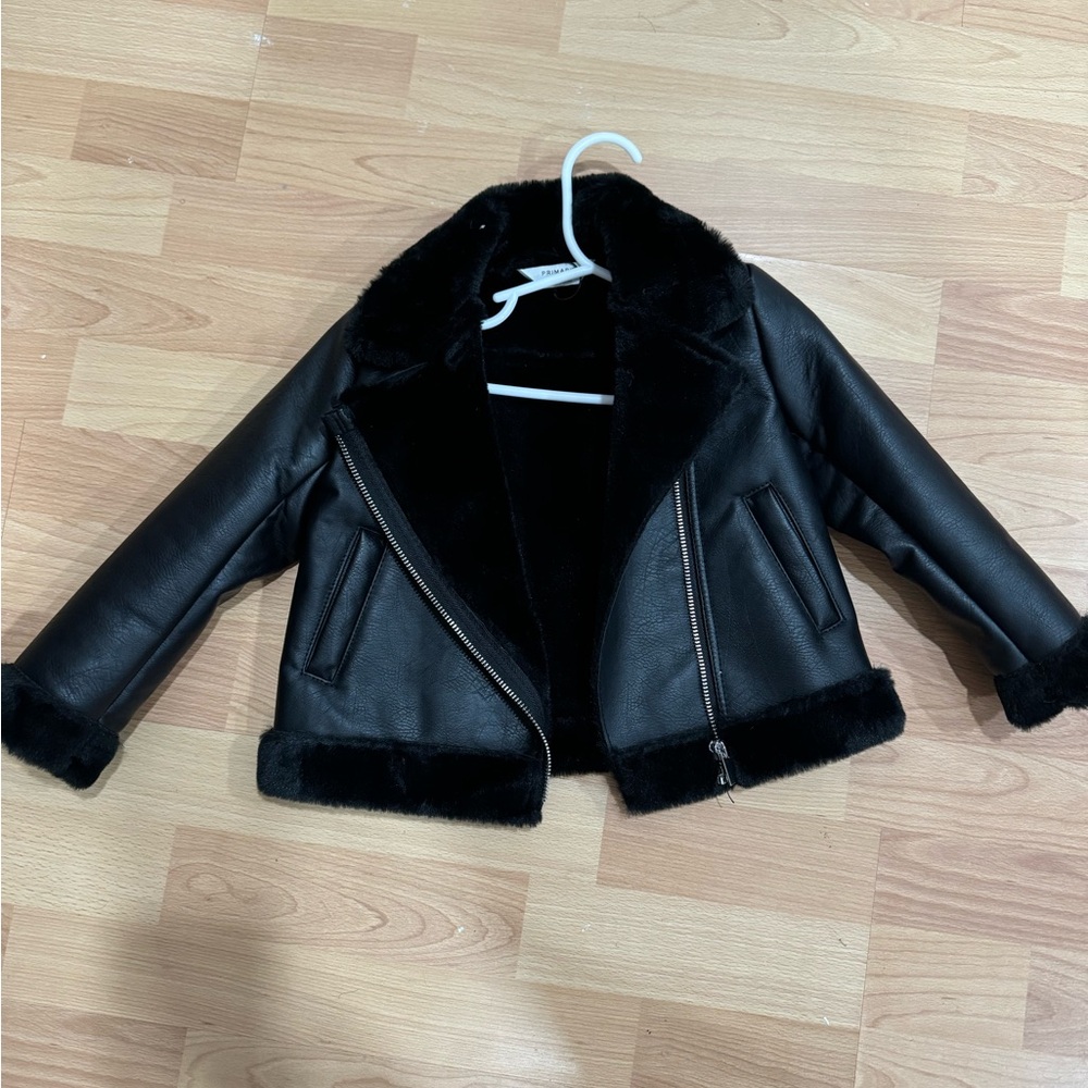 Black Faux Leather Jacket with Fur Trim